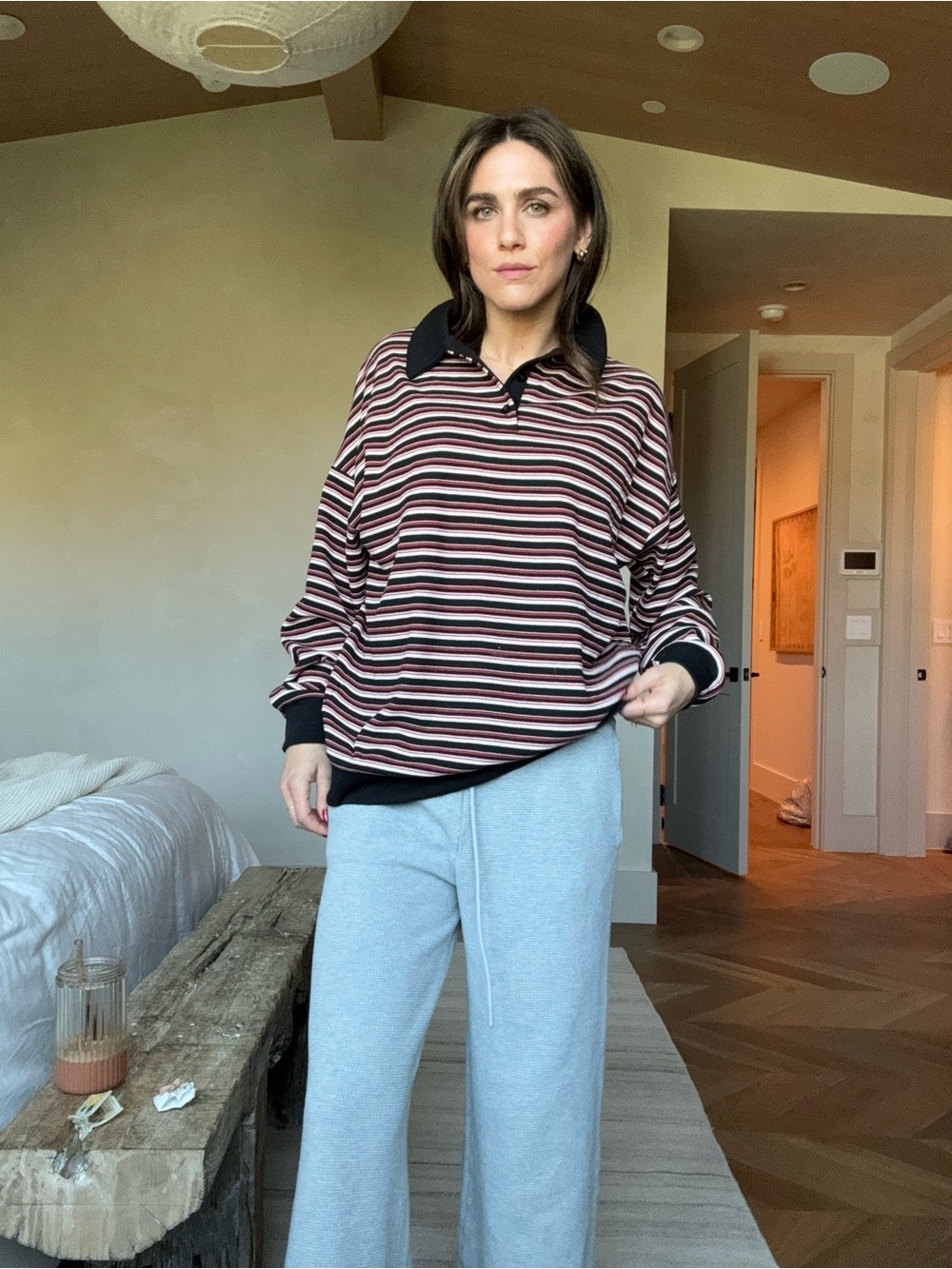 Lioness Striped Collared Pullover - Burgundy, Black & Cream